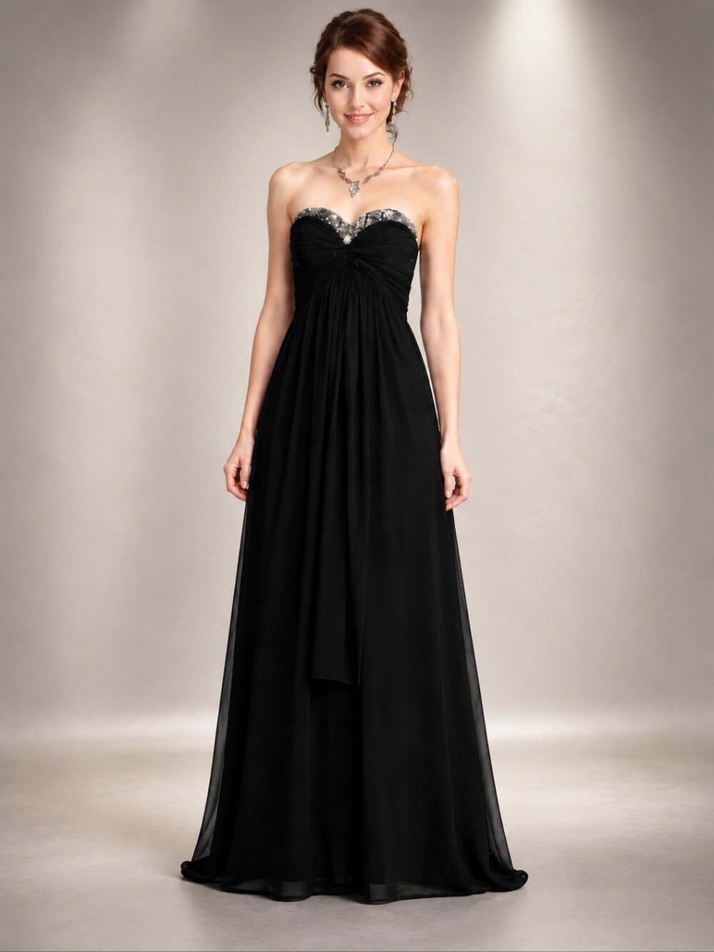 David's Bridal Black Strapless Chiffon Gown with Beaded Sweetheart Neckline